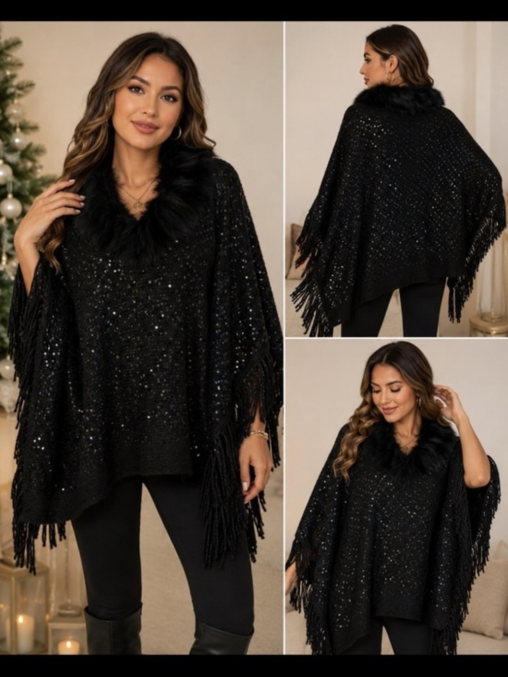 Sapphire Black Sequin Fringe Faux Fur Collar Poncho Shawl Wrap Boho Glam